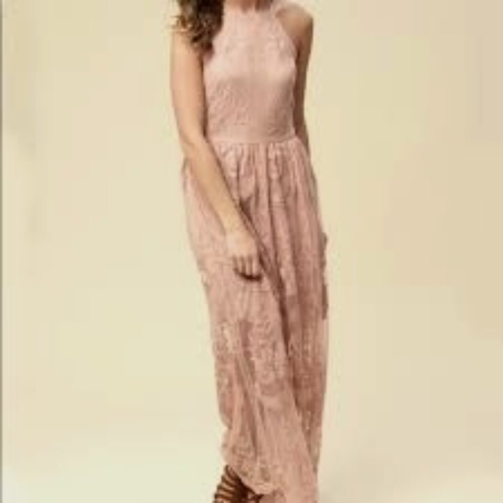 Altar’d State Halter Neck Pink Lace Maxi Dress